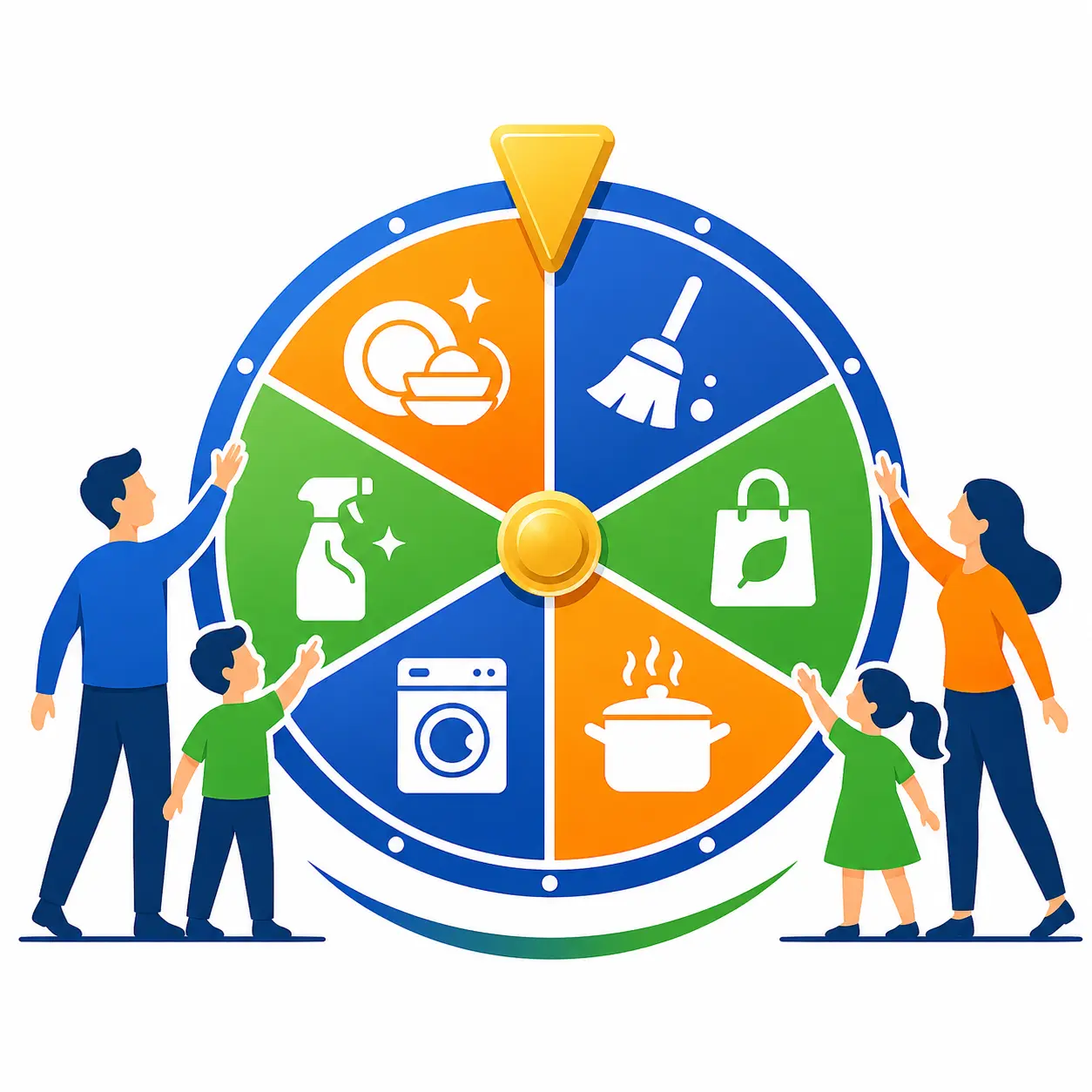 Ghar Ke Kaam Distributor - Daily Chore Wheel Spinner showing colorful chore wheel with household task icons and family members
