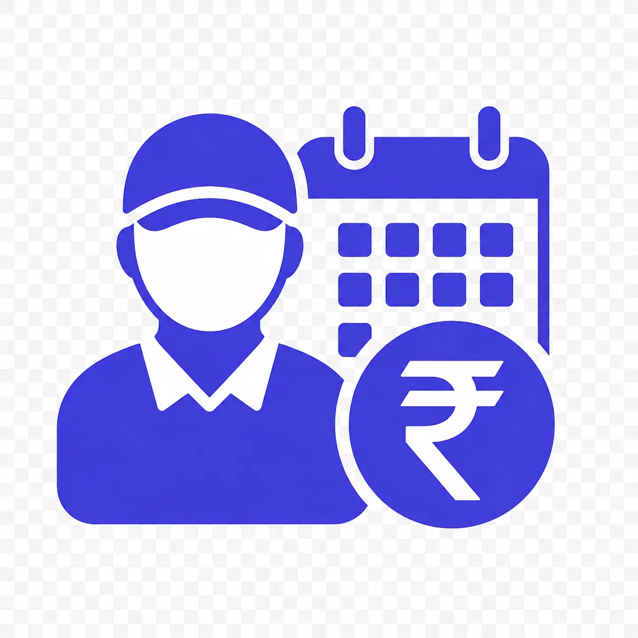 Staff Salary and Attendance Tracker logo – a minimalist icon combining a worker, calendar, and Indian rupee symbol in indigo color